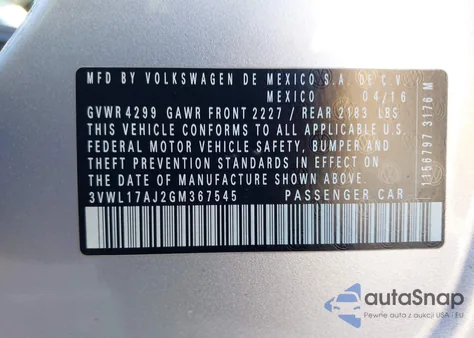 2016 Volkswagen Jetta 1.8T Sel из США, поврежденный, VIN 3VWL17AJ2GM367545